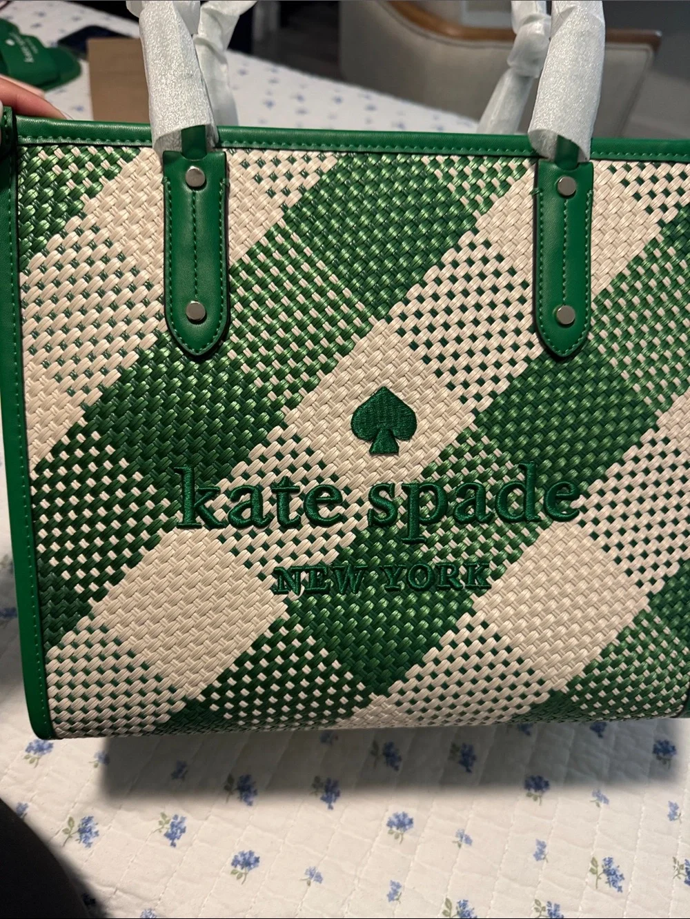 kate spade Green and White Woven Checker Large Tote